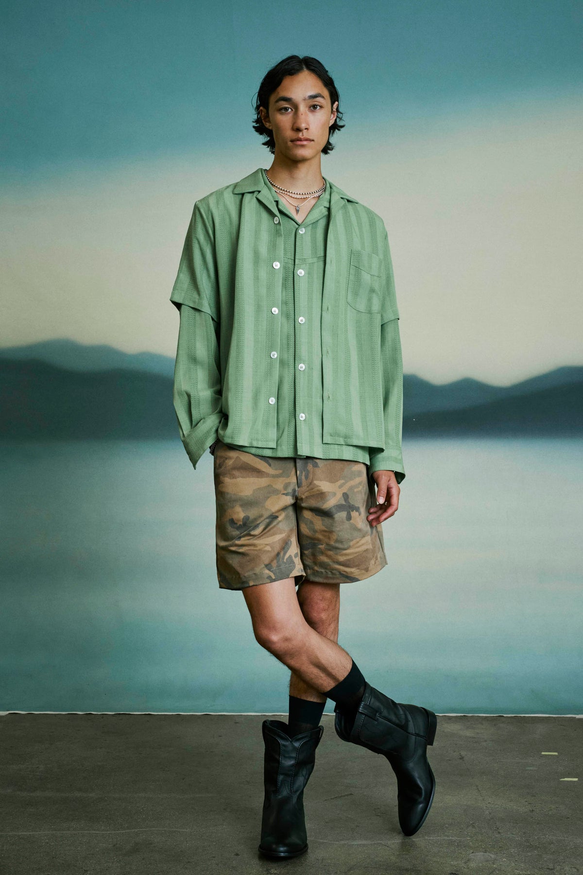 Goodfight Lichen Shirt layered with Core Western Shirt & Weekender Shorts